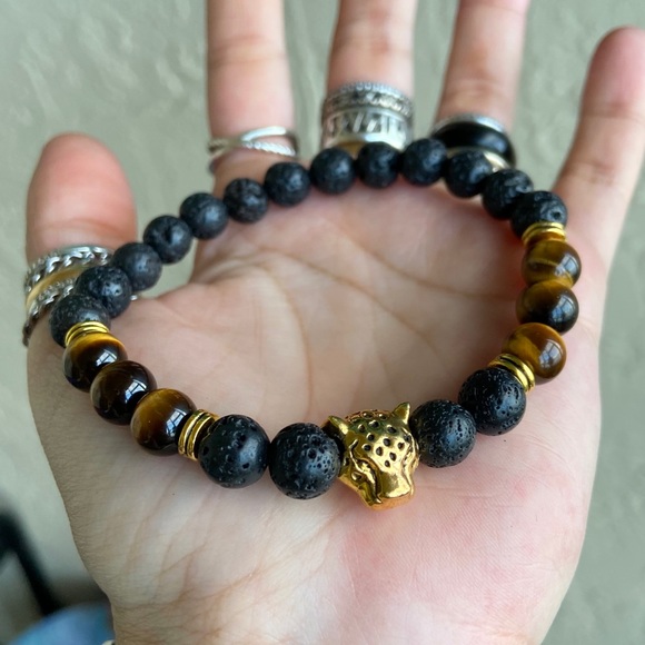 Black lava rock & tiger eye panther bead bracelet - Picture 7 of 12